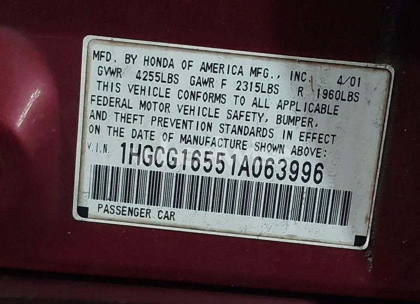 Photo 9 of 2001 Honda Accord 3.0 EX (VIN 1HGCG16551A063996)