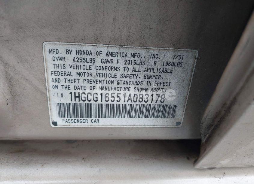 Photo 9 of 2001 Honda Accord 3.0 EX (VIN 1HGCG16551A083178)
