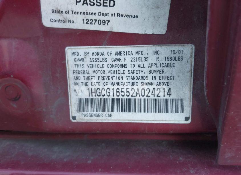 Photo 9 of 2002 Honda Accord 3.0 EX (VIN 1HGCG16552A024214)