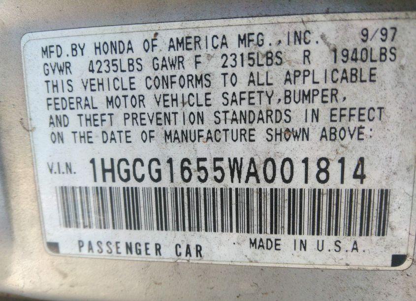 Photo 9 of 1998 Honda Accord EX V6 (VIN 1HGCG1655WA001814)