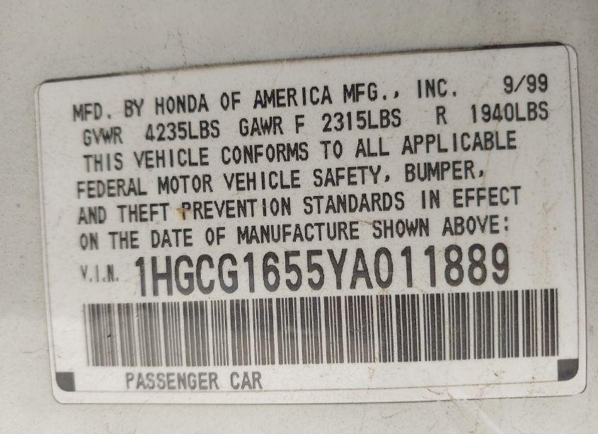 Photo 9 of 2000 Honda Accord 3.0 EX (VIN 1HGCG1655YA011889)
