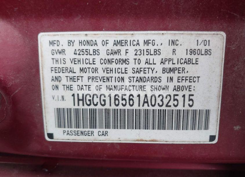 Photo 9 of 2001 Honda Accord 3.0 EX (VIN 1HGCG16561A032515)