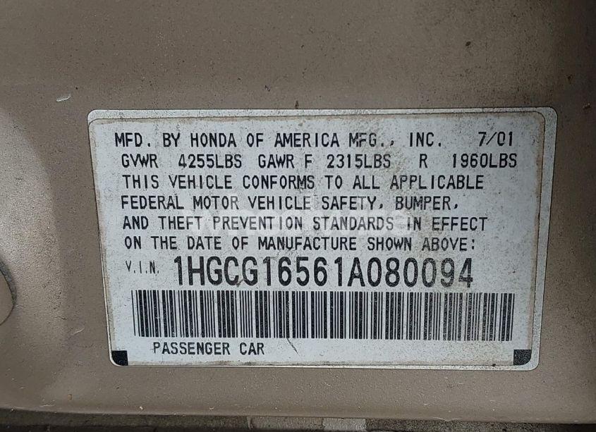 Photo 9 of 2001 Honda Accord 3.0 EX (VIN 1HGCG16561A080094)