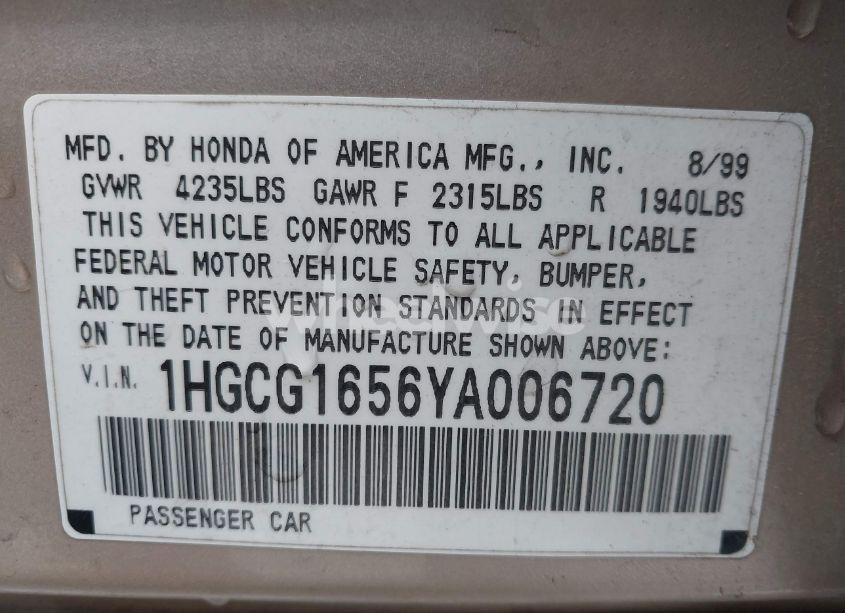 Photo 9 of 2000 Honda Accord 3.0 EX (VIN 1HGCG1656YA006720)