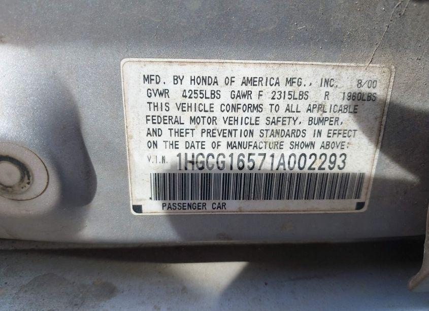 Photo 9 of 2001 Honda Accord 3.0 EX (VIN 1HGCG16571A002293)