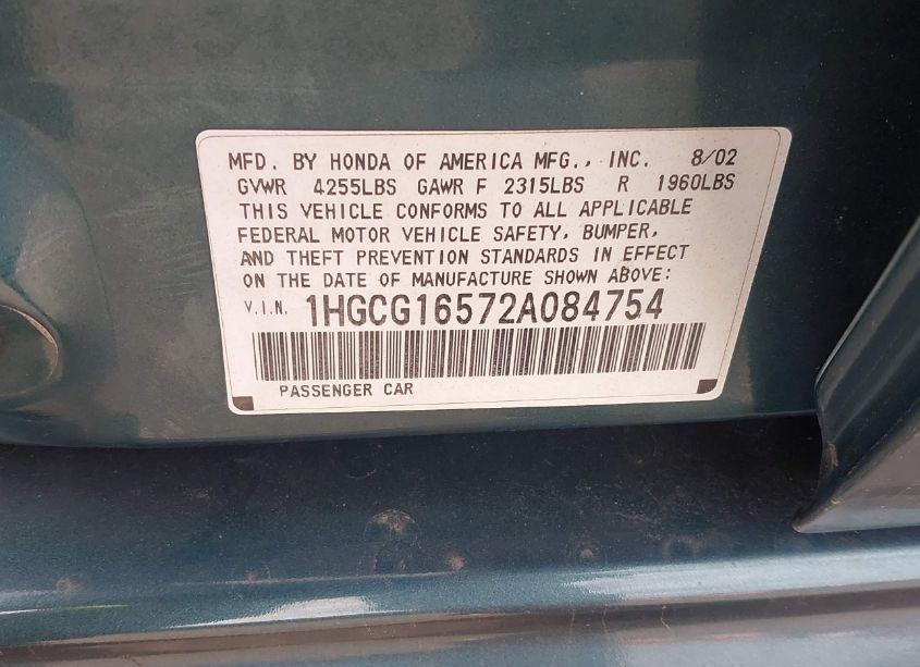 Photo 9 of 2002 Honda Accord 3.0 EX (VIN 1HGCG16572A084754)