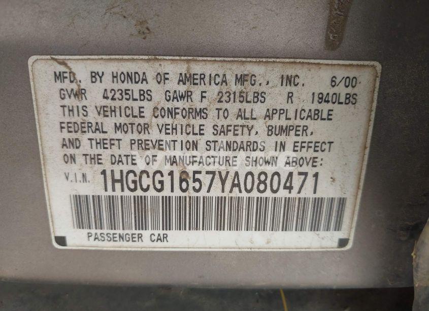 Photo 9 of 2000 Honda Accord 3.0 EX (VIN 1HGCG1657YA080471)