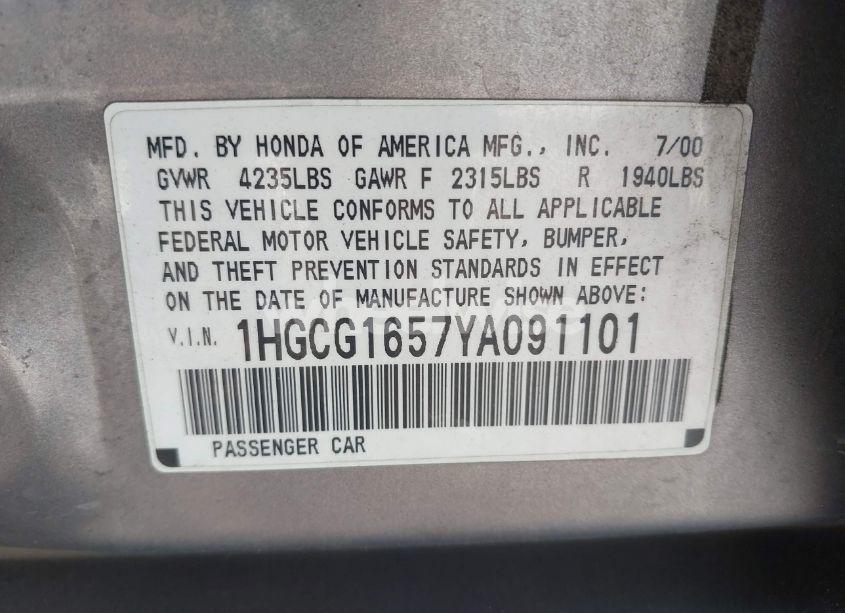 Photo 9 of 2000 Honda Accord 3.0 EX (VIN 1HGCG1657YA091101)