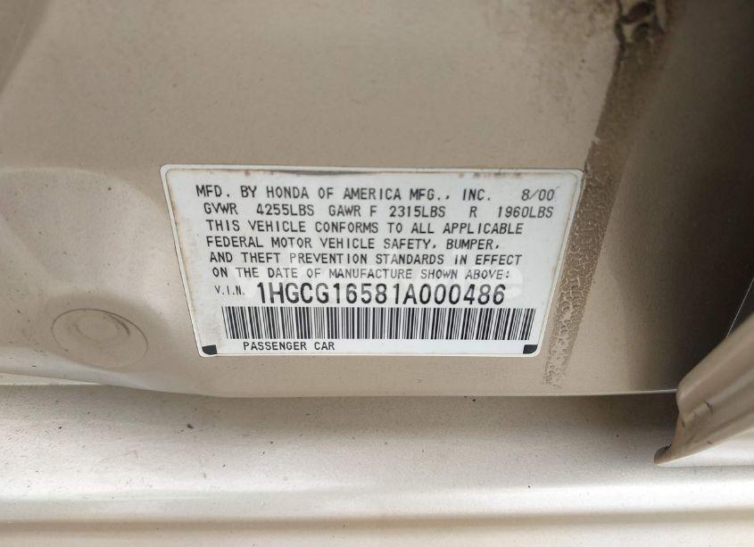 Photo 9 of 2001 Honda Accord 3.0 EX (VIN 1HGCG16581A000486)