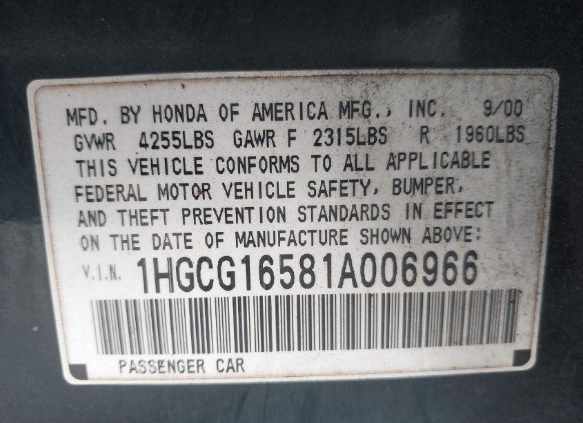 Photo 9 of 2001 Honda Accord 3.0 EX (VIN 1HGCG16581A006966)