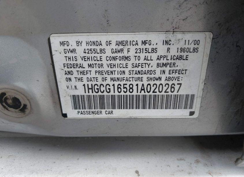 Photo 9 of 2001 Honda Accord 3.0 EX (VIN 1HGCG16581A020267)