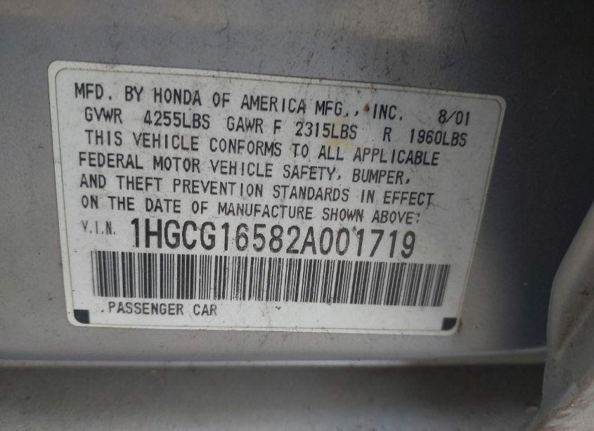 Photo 9 of 2002 Honda Accord 3.0 EX (VIN 1HGCG16582A001719)