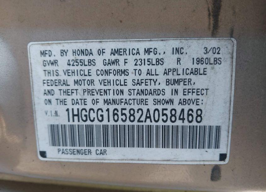 Photo 9 of 2002 Honda Accord 3.0 EX (VIN 1HGCG16582A058468)