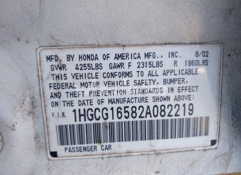 Photo 9 of 2002 Honda Accord 3.0 EX (VIN 1HGCG16582A082219)