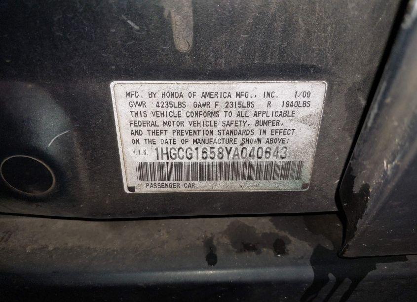 Photo 9 of 2000 Honda Accord 3.0 EX (VIN 1HGCG1658YA040643)
