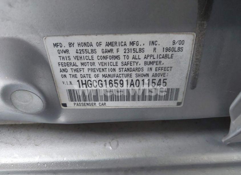 Photo 9 of 2001 Honda Accord SDN EX W/LEATHER (VIN 1HGCG16591A011545)