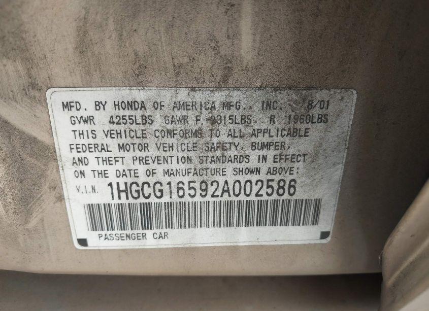 Photo 9 of 2002 Honda Accord 3.0 EX (VIN 1HGCG16592A002586)