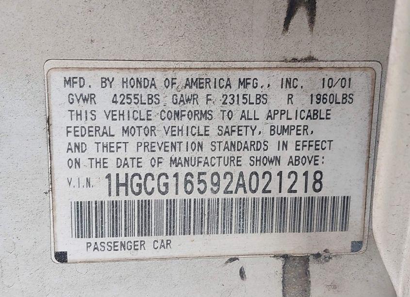 Photo 9 of 2002 Honda Accord 3.0 EX (VIN 1HGCG16592A021218)