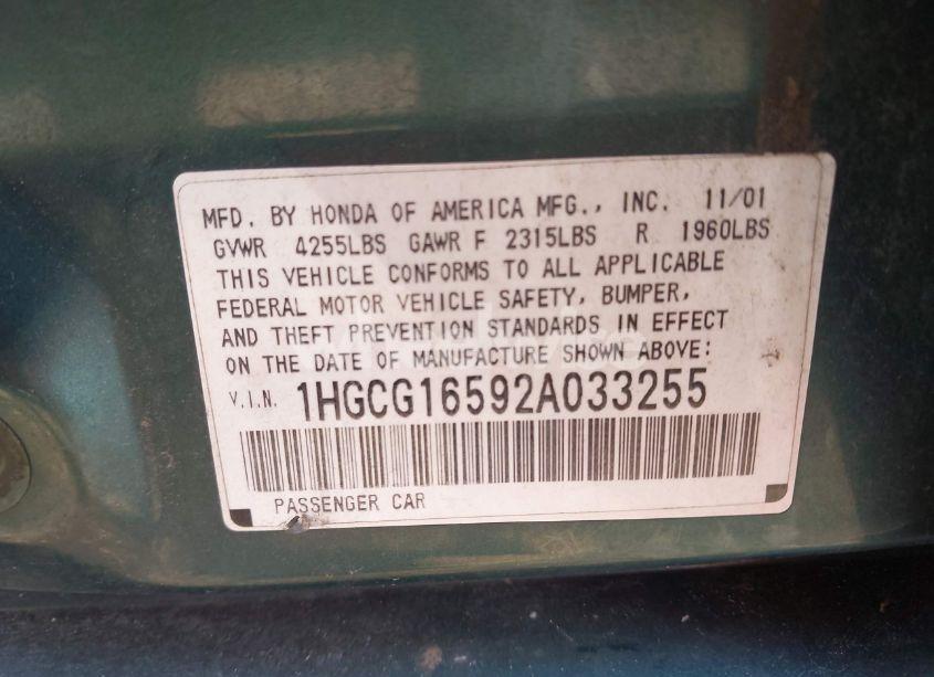 Photo 9 of 2002 Honda Accord 3.0 EX (VIN 1HGCG16592A033255)