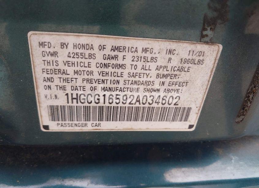 Photo 9 of 2002 Honda Accord 3.0 EX (VIN 1HGCG16592A034602)