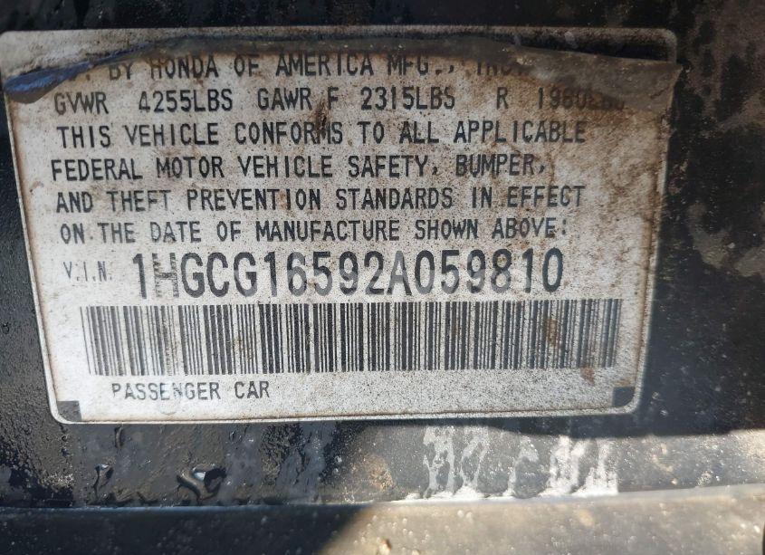 Photo 9 of 2002 Honda Accord 3.0 EX (VIN 1HGCG16592A059810)