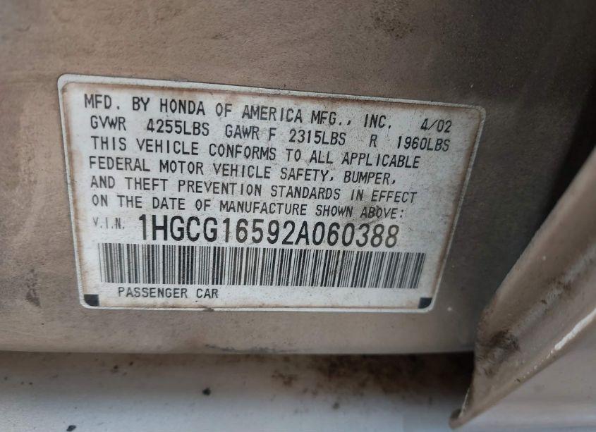 Photo 9 of 2002 Honda Accord 3.0 EX (VIN 1HGCG16592A060388)