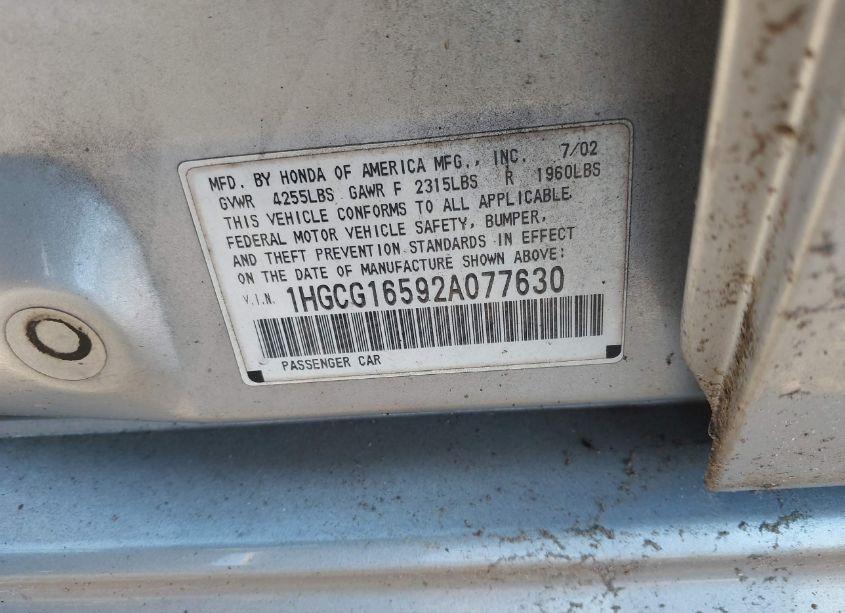 Photo 9 of 2002 Honda Accord 3.0 EX (VIN 1HGCG16592A077630)