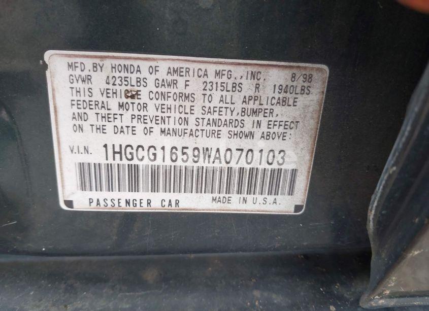 Photo 9 of 1998 Honda Accord EX V6 (VIN 1HGCG1659WA070103)