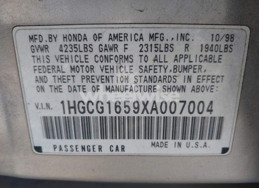 Photo 9 of 1999 Honda Accord EX V6 (VIN 1HGCG1659XA007004)