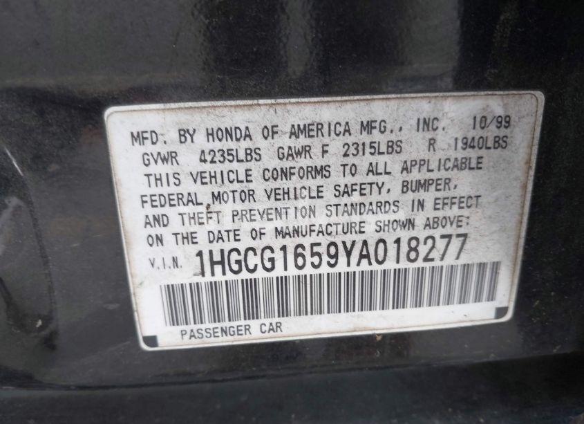 Photo 9 of 2000 Honda Accord 3.0 EX (VIN 1HGCG1659YA018277)