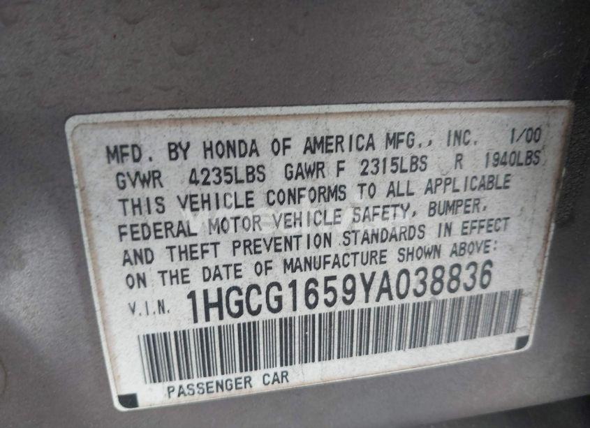 Photo 9 of 2000 Honda Accord 3.0 EX (VIN 1HGCG1659YA038836)