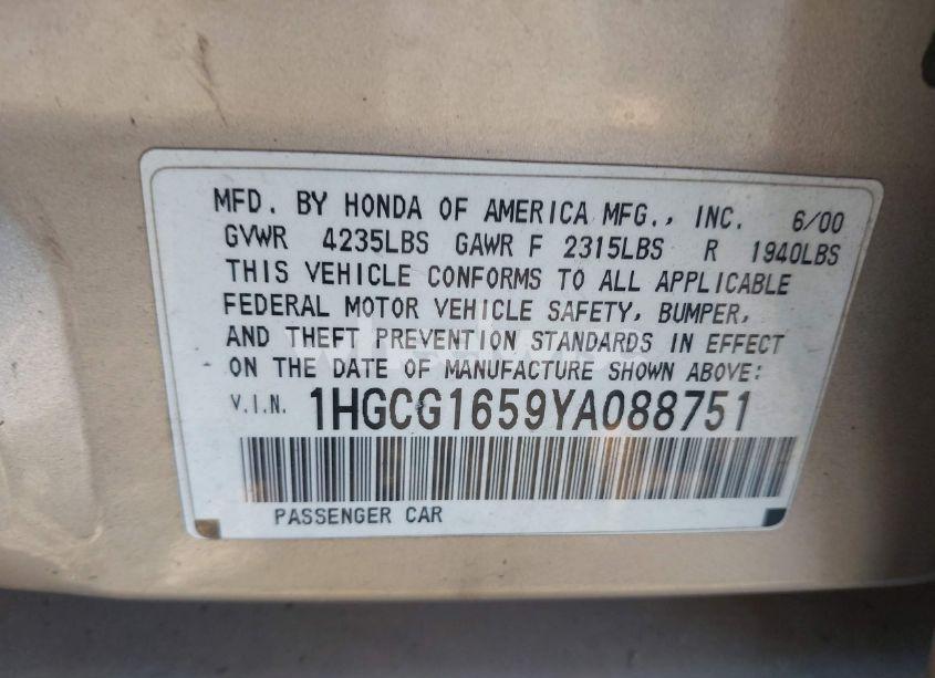 Photo 9 of 2000 Honda Accord 3.0 EX (VIN 1HGCG1659YA088751)