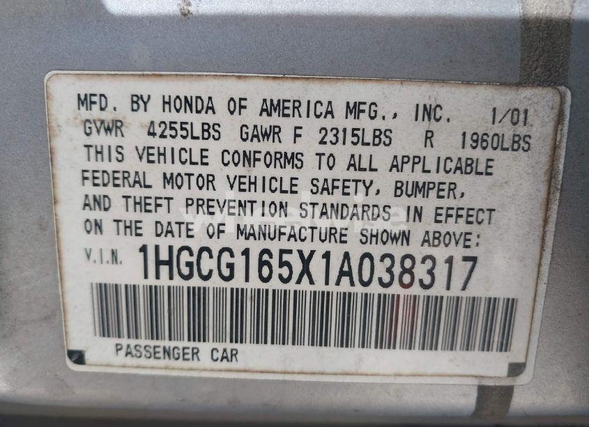 Photo 9 of 2001 Honda Accord 3.0 EX (VIN 1HGCG165X1A038317)