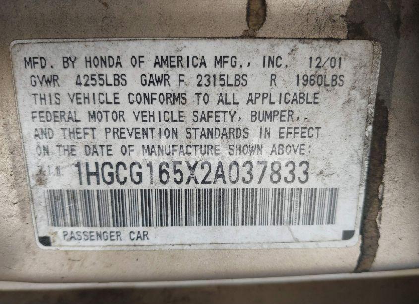 Photo 9 of 2002 Honda Accord 3.0 EX (VIN 1HGCG165X2A037833)