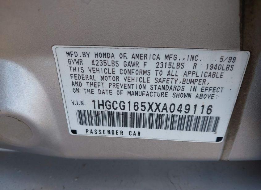 Photo 9 of 1999 Honda Accord EX V6 (VIN 1HGCG165XXA049116)