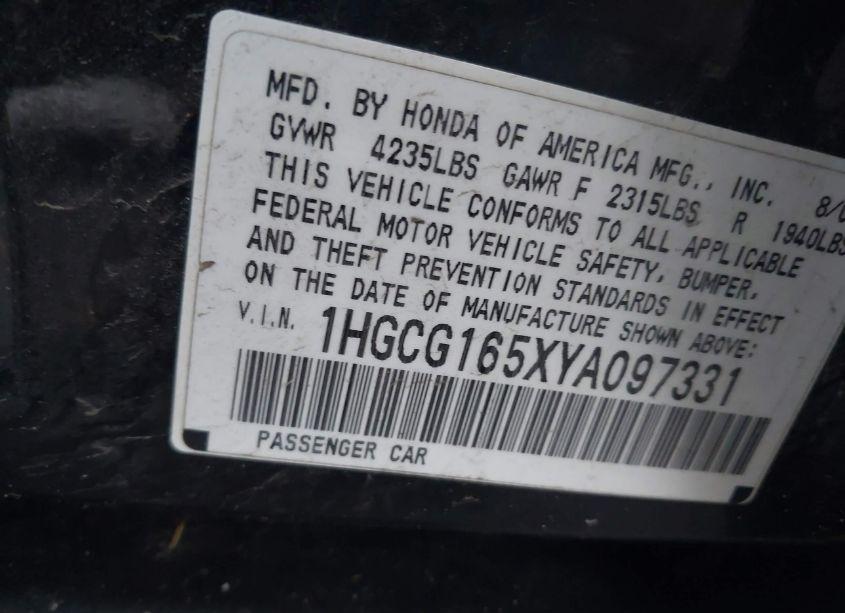 Photo 9 of 2000 Honda Accord 3.0 EX (VIN 1HGCG165XYA097331)