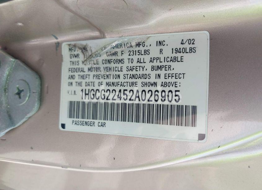 Photo 9 of 2002 Honda Accord 3.0 LX (VIN 1HGCG22452A026905)