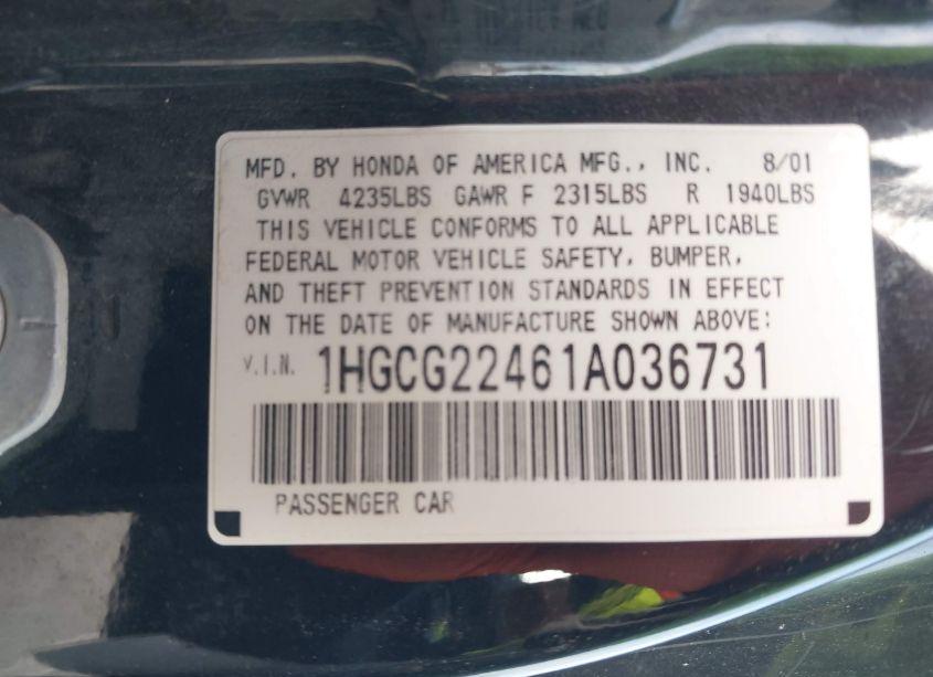 Photo 9 of 2001 Honda Accord 3.0 LX (VIN 1HGCG22461A036731)