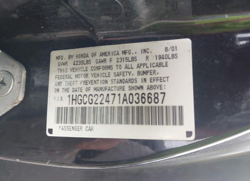 Photo 9 of 2001 Honda Accord 3.0 LX (VIN 1HGCG22471A036687)
