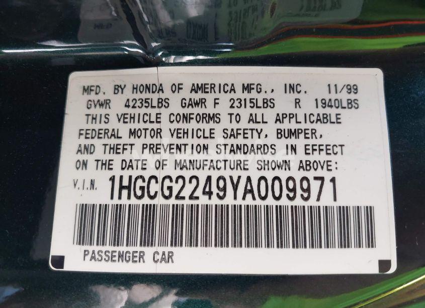 Photo 9 of 2000 Honda Accord 3.0 LX (VIN 1HGCG2249YA009971)