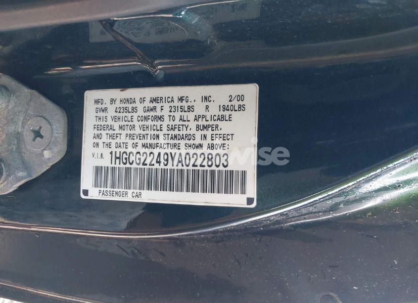 Photo 9 of 2000 Honda Accord 3.0 LX (VIN 1HGCG2249YA022803)