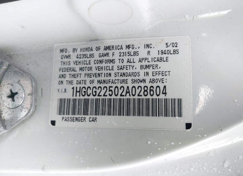 Photo 9 of 2002 Honda Accord 3.0 EX (VIN 1HGCG22502A028604)