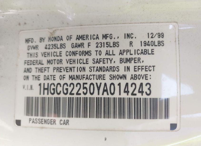 Photo 9 of 2000 Honda Accord 3.0 EX (VIN 1HGCG2250YA014243)