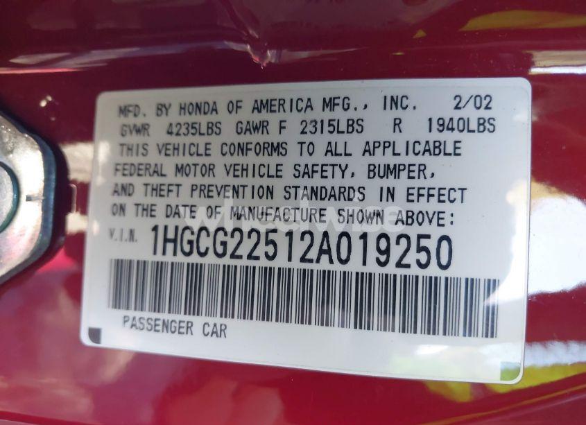 Photo 9 of 2002 Honda Accord 3.0 EX (VIN 1HGCG22512A019250)