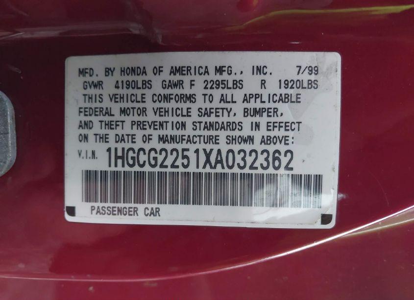 Photo 9 of 1999 Honda Accord EX V6 (VIN 1HGCG2251XA032362)