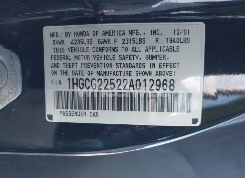 Photo 9 of 2002 Honda Accord 3.0 EX (VIN 1HGCG22522A012968)