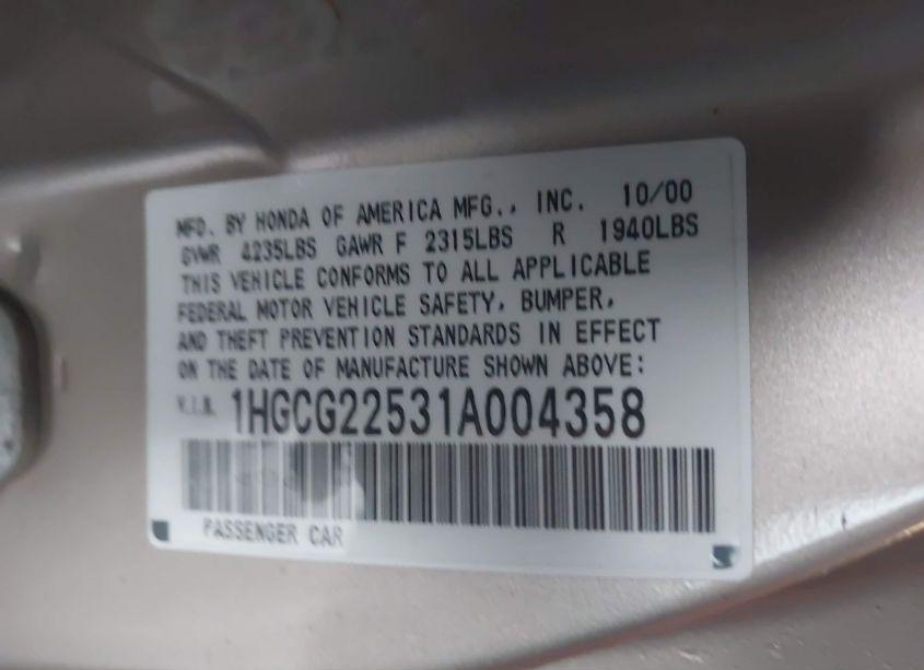 Photo 9 of 2001 Honda Accord 3.0 EX (VIN 1HGCG22531A004358)