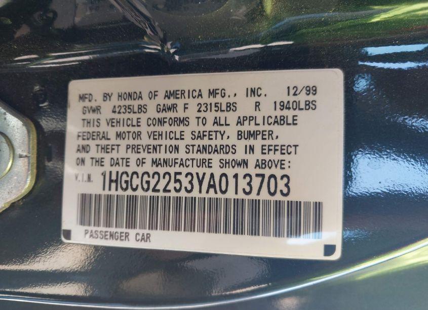 Photo 9 of 2000 Honda Accord 3.0 EX (VIN 1HGCG2253YA013703)