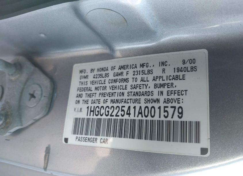 Photo 9 of 2001 Honda Accord 3.0 EX (VIN 1HGCG22541A001579)