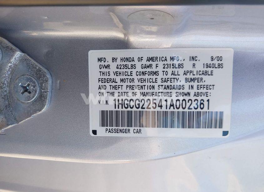 Photo 9 of 2001 Honda Accord 3.0 EX (VIN 1HGCG22541A002361)